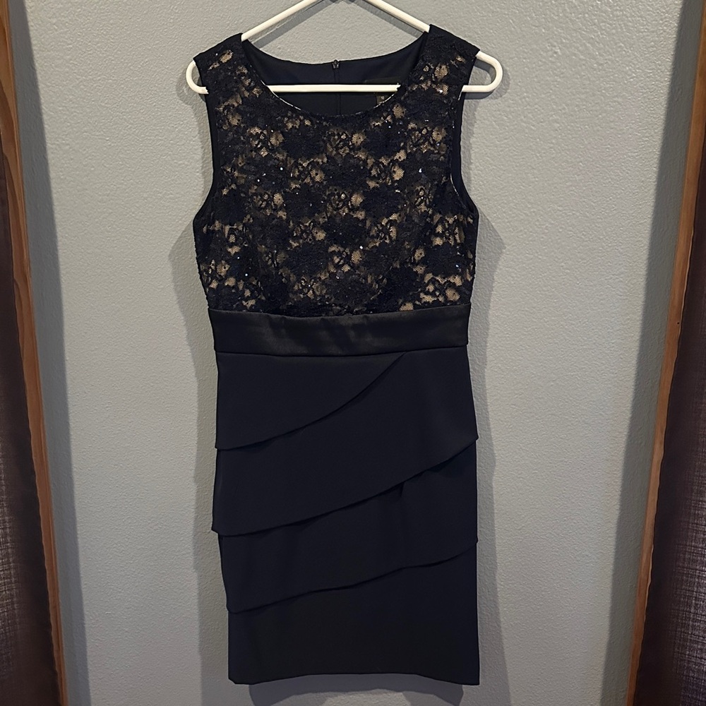 Connected Apparel Navy Blue Lace Tiered Mini Dress